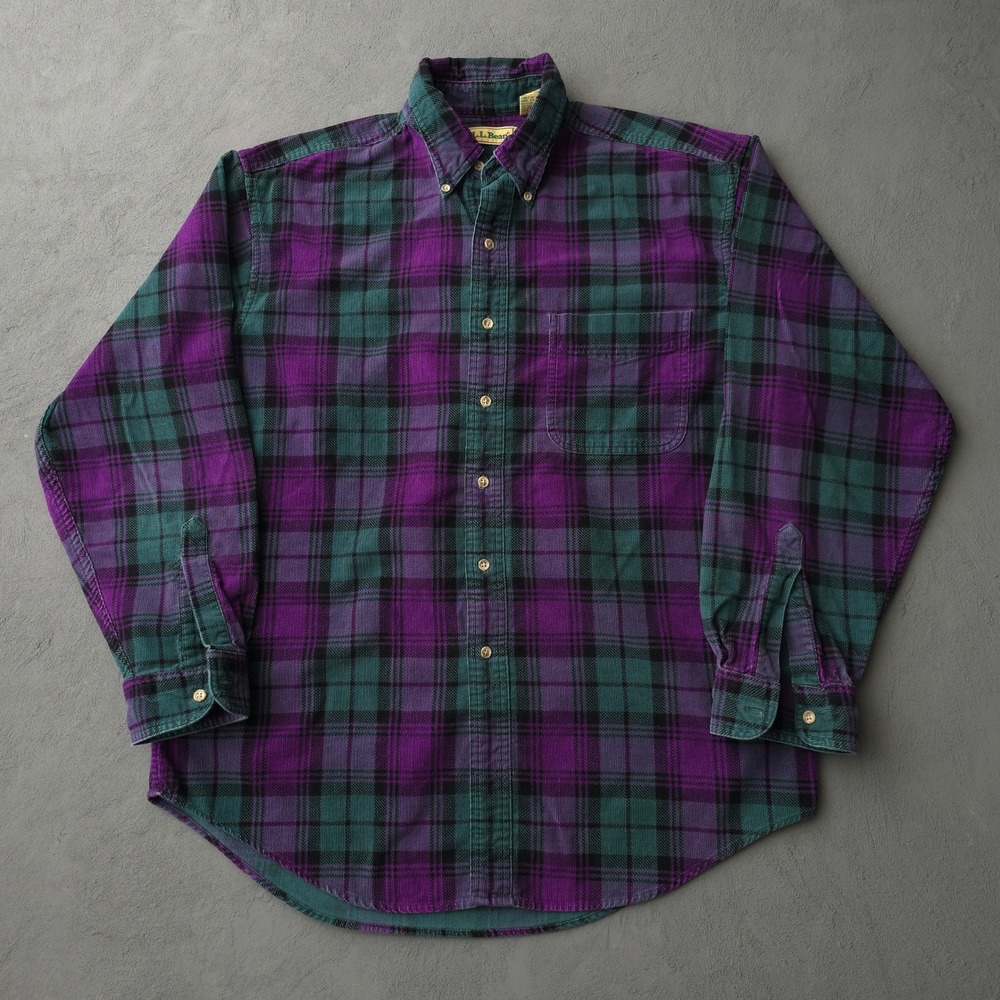 Vintage 90s L.L.Bean Purple Plaid Corduroy Shirt Medium Button Down